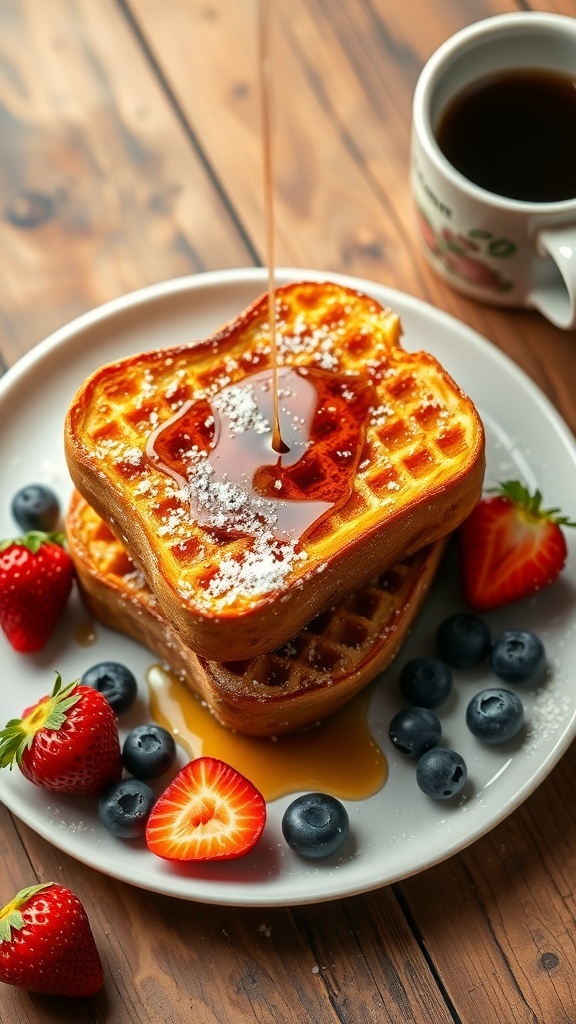 Golden brown sandwich bread French toast topped with maple syrup and fresh berries on a rustic table.